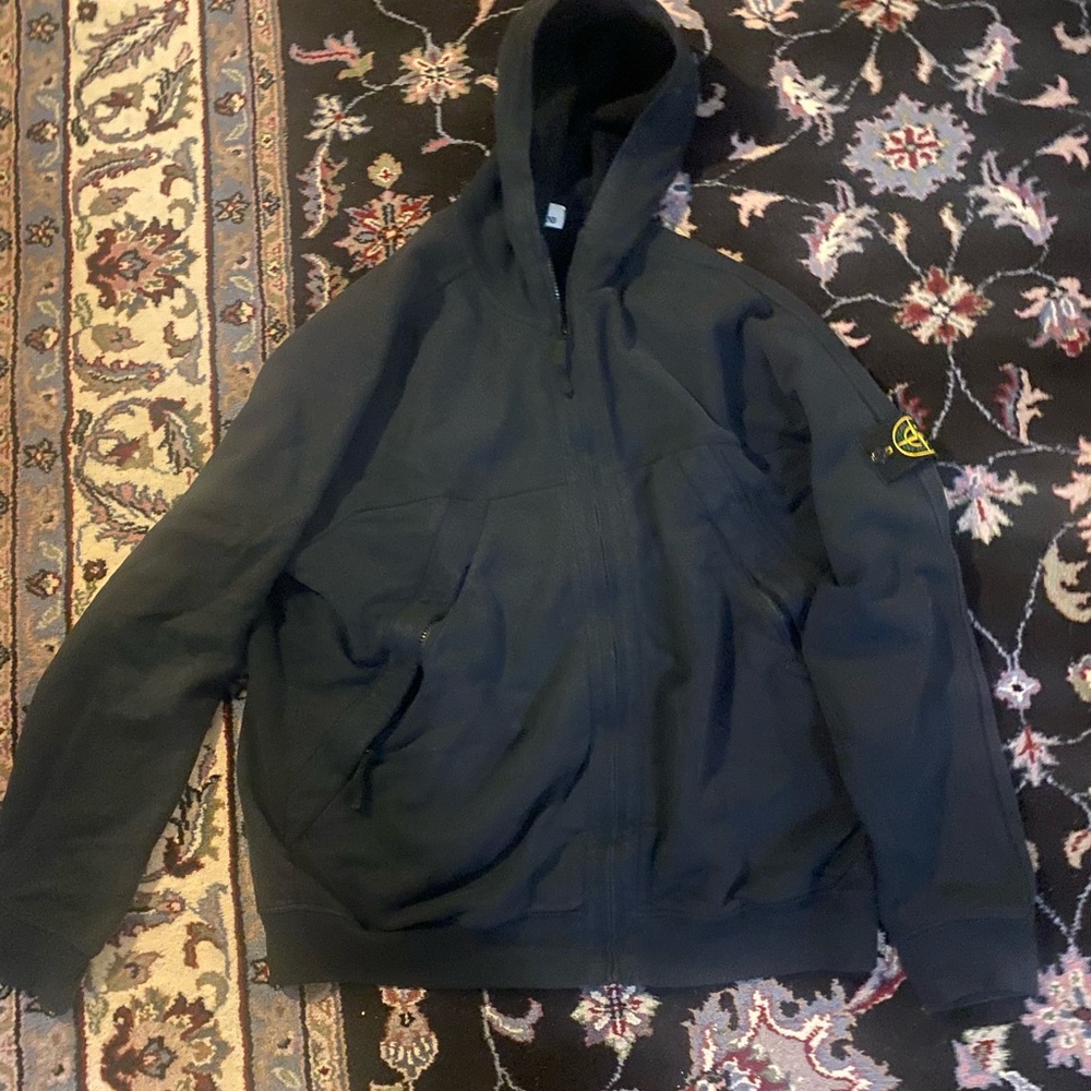 Stone Island Black Hooded Zip-Up Jacket with Sleeve Compass Patch